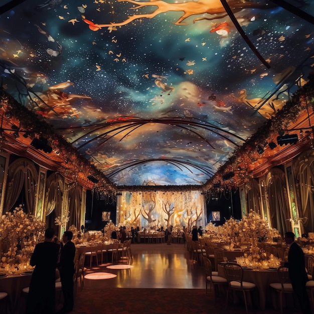 A ballroom with a large stage with a mural of the film's characters on it