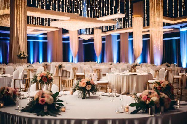 Foto una sala da ballo con tavoli e sedie e un grande lampadario con fiori sul tavolo.