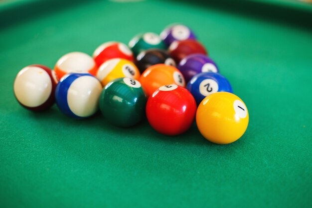 Photo balls on a billiard table in a triangle. game of american billiards