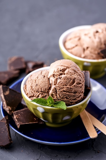 Balls of chocolate melting ice cream in bowl on blue saucer with chocolate, mint and wooden sticks