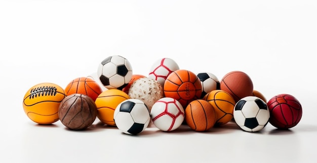 Мячи разных видов спорта на белом фоне Изображение, сгенерированное AI