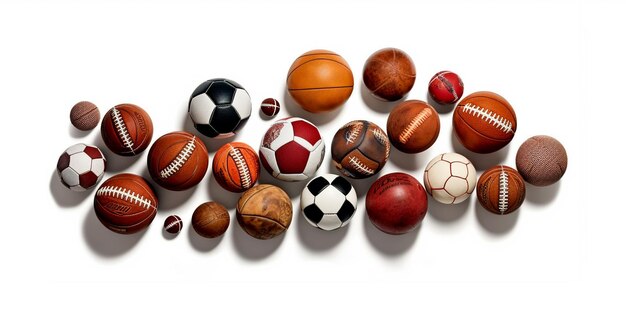 Foto palle di diversi sport su sfondo bianco immagine generata dall'intelligenza artificiale
