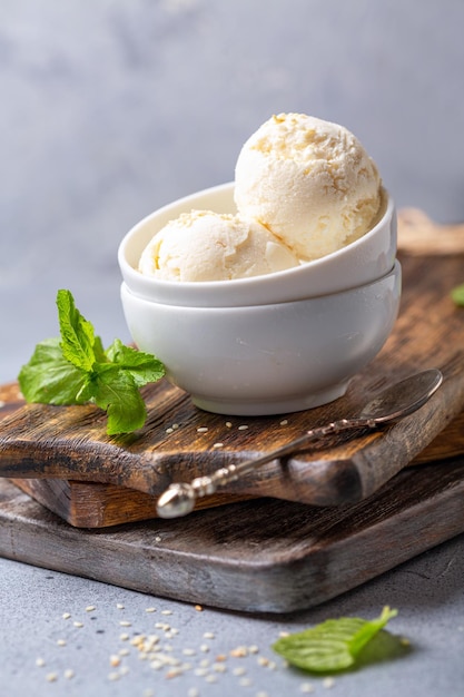 Balls of homemade ice cream in a bowl