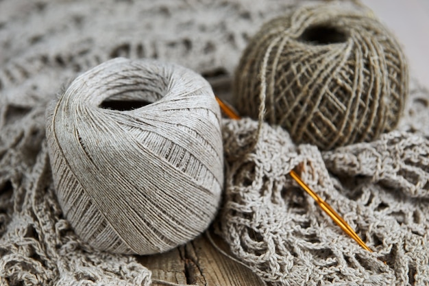 Balls of linen for knitting handicraft concept