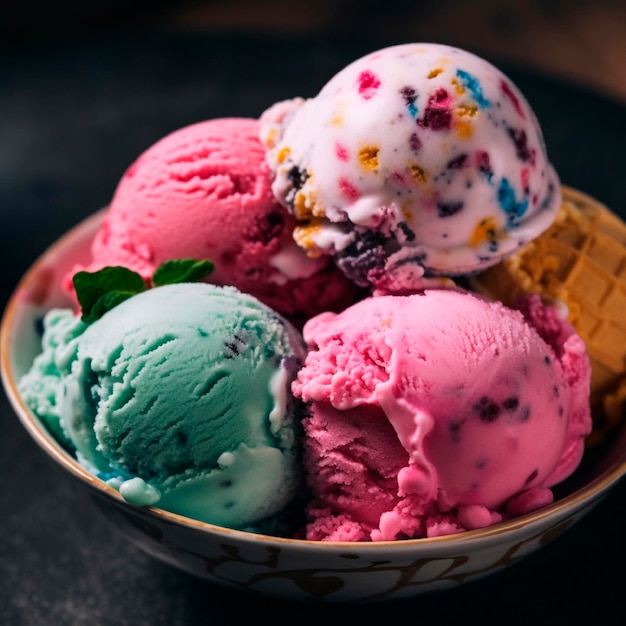 Шарики мятного клубничного и ягодного мороженого в миске сгенерированы искусственным интеллектом крупным планом
