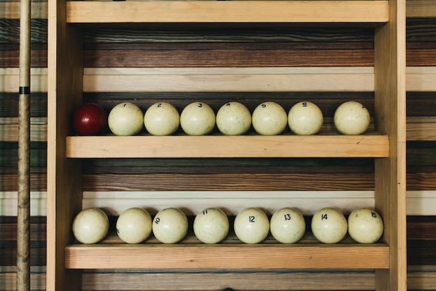 Photo balls for pool billiards on the shelf balls for russian billiards soft focus