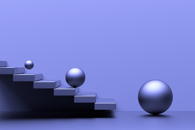 Шары и ступени Металлические воздушные шары скатываются по ступеням Минималистическая концепция шаров и лестниц 3D рендеринг
