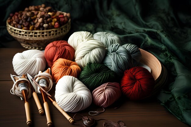 Photo balls of yarn for knitting and knitting needles on a wooden table