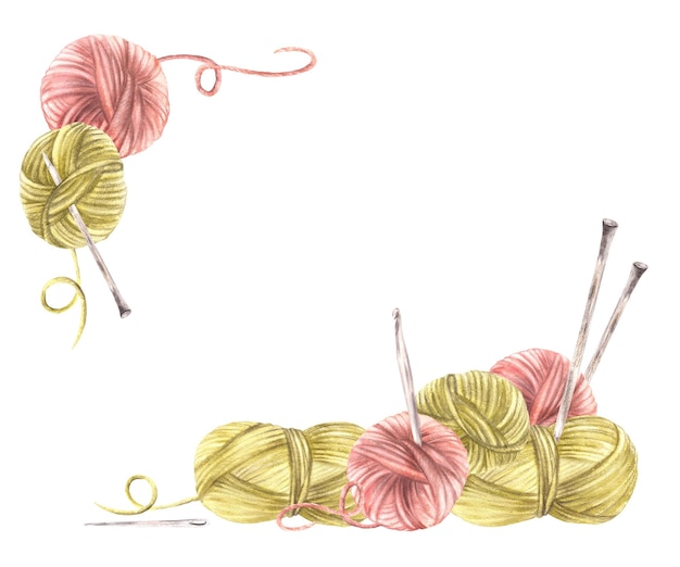 Balls of yarn threads banner watercolor hand drawn illustration realistic green pink skeins of