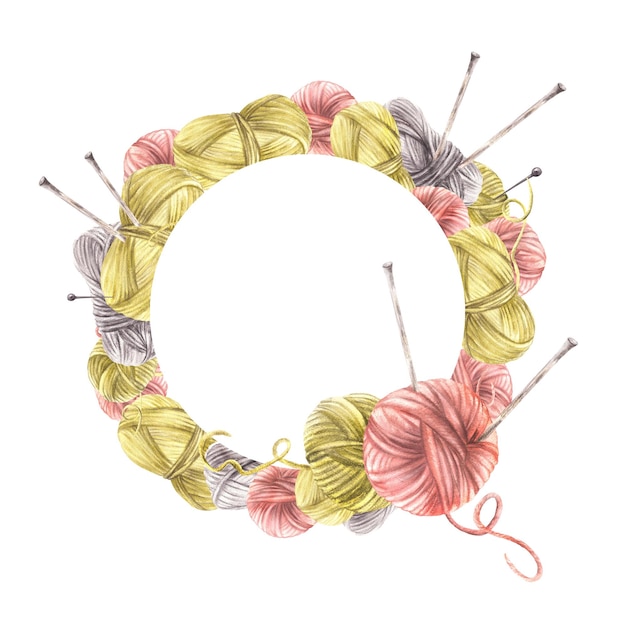 Balls of yarn threads with knitting needles wreath watercolor hand drawn illustration realistic