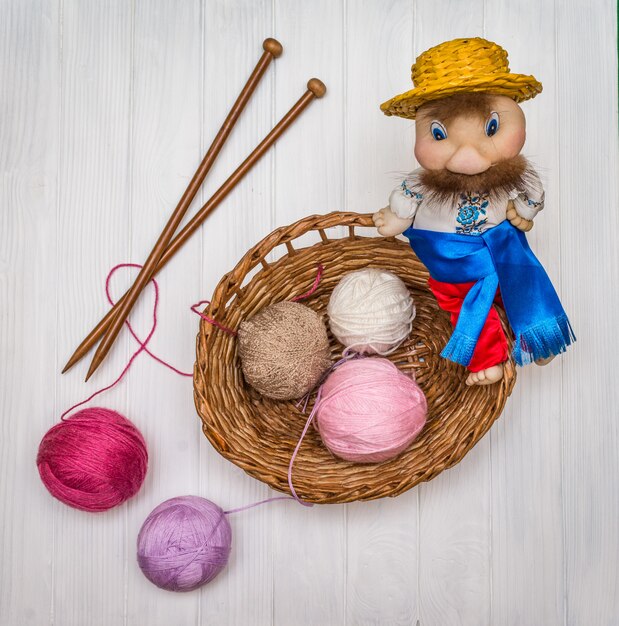 Balls of yarn on a wooden board