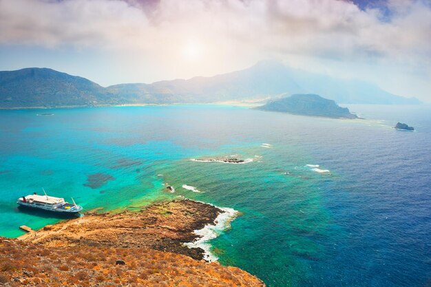 Balos bay in crete island, greece. panoramic view from the gramvousa island