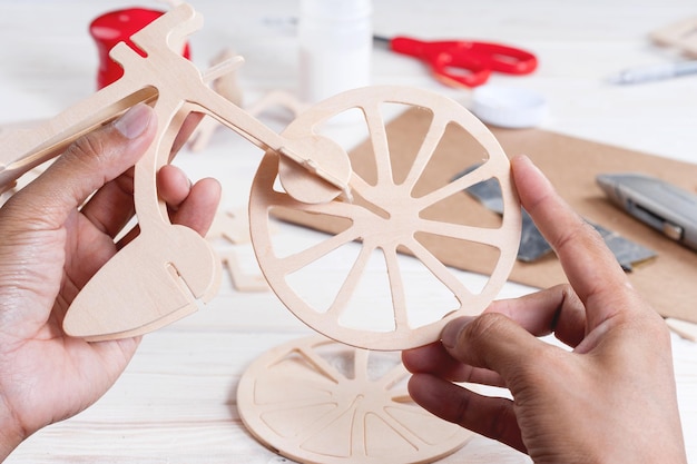 Balsa wood bicycle model kits Hobby and leisure concept