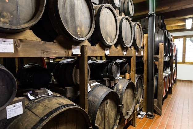 Balsamic vinegar wooden barrels storing and aging