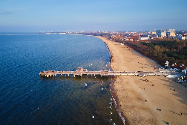 Baltic sea shore with view of Gdansk city aerial view