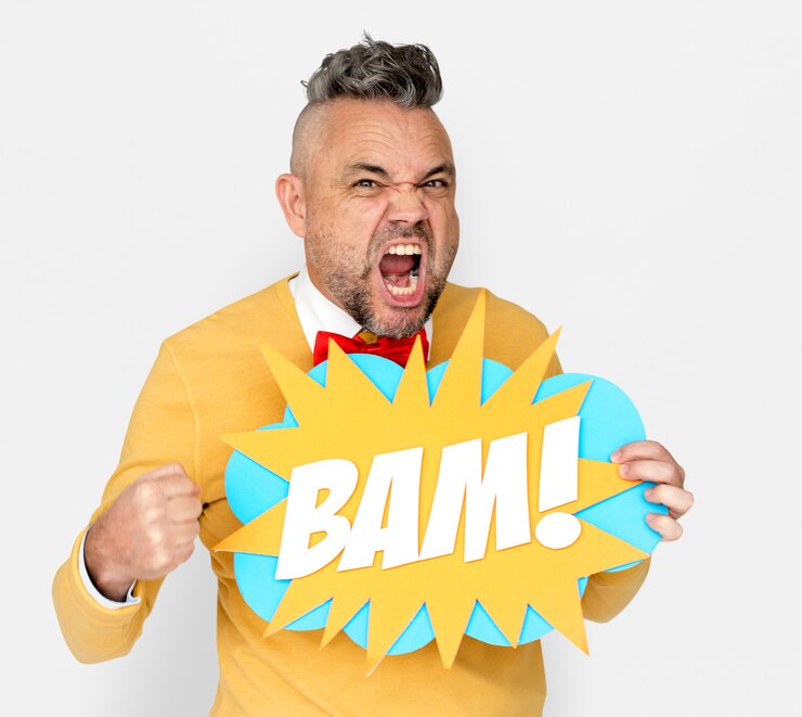 Photo bam man expression holding word
