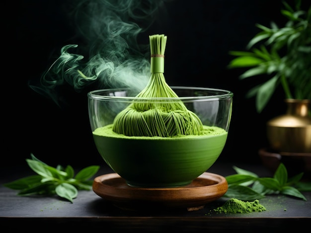 Bamboe garde voor het maken van Matcha thee Groene matcha theepoeder in een kom