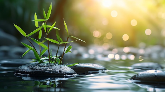 Bamboe-scheuten sproeien van afgeronde spa-stenen boven het wateroppervlak