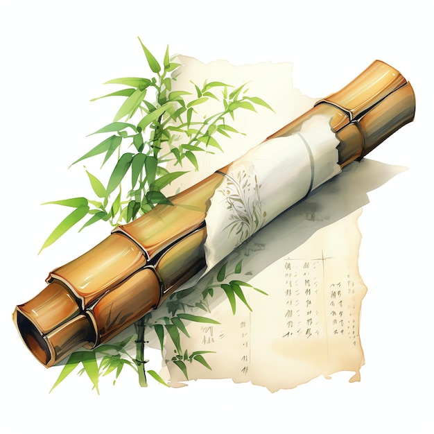 Foto bamboerol met delicate kalligrafie en inktborstelillustratie