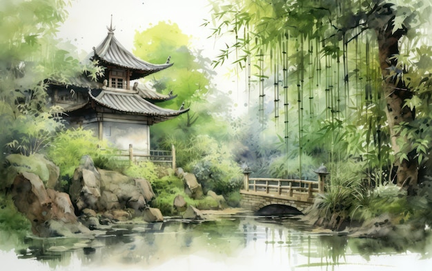 Bamboetuin rondom pagode Chinees schilderij illustratie
