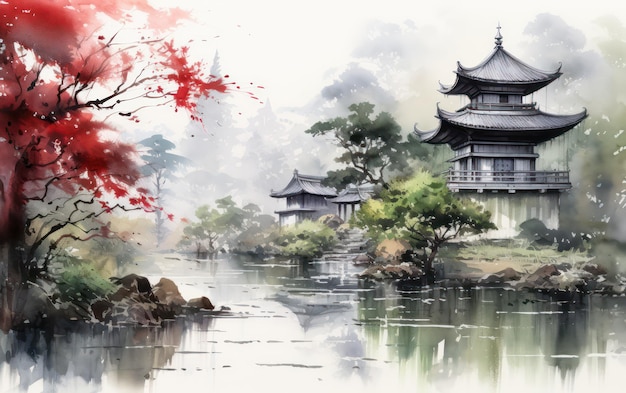 Bamboetuin rondom pagode Chinees schilderij illustratie