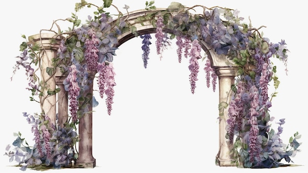 Photo bamboo arch with purple flowers watercolor hand drawn illustration
