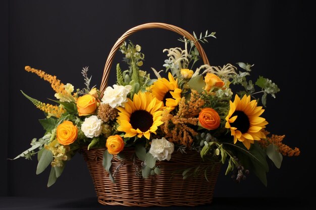 A bamboo basket of sunflowers