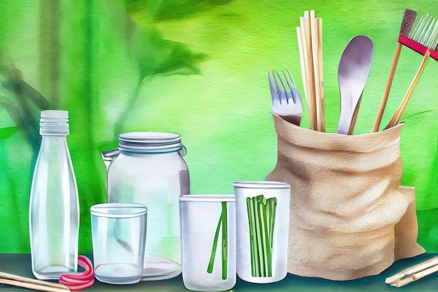 Bamboo cutlery and boxes on green background Banner watercolor oil painting effect Generative Ai