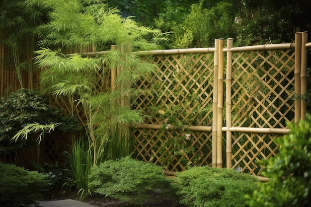 Bamboo fence with trellis in garden setting