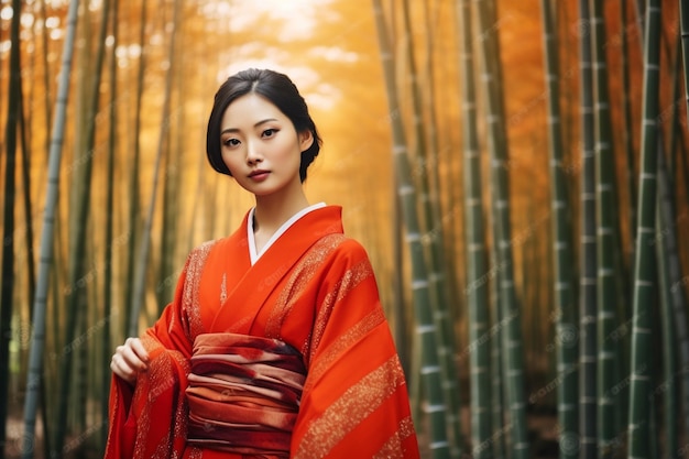 Photo bamboo forest asian woman wearing japanese traditional kimono generative ai