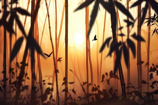 Бамбуковый лес на рассвете Солнце встает и проливает теплый свет через листья