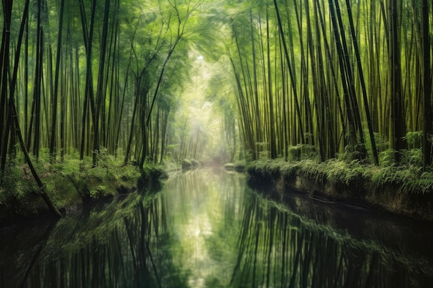 Bamboo forest reflecting in calm river created with generative ai