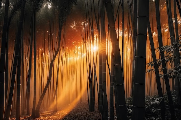 Bamboo forest at sunrise with warm orange light shining through the trees