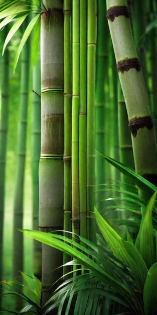 Foto carta da parati della foresta di bambù con alti gambi e foglie verdi