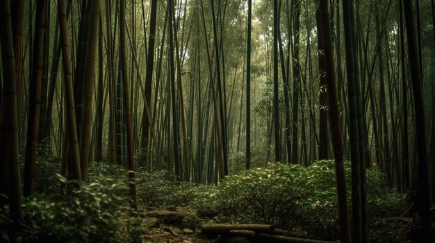 A bamboo forest with a green forest in the background