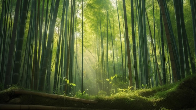 A bamboo forest with a green forest in the background