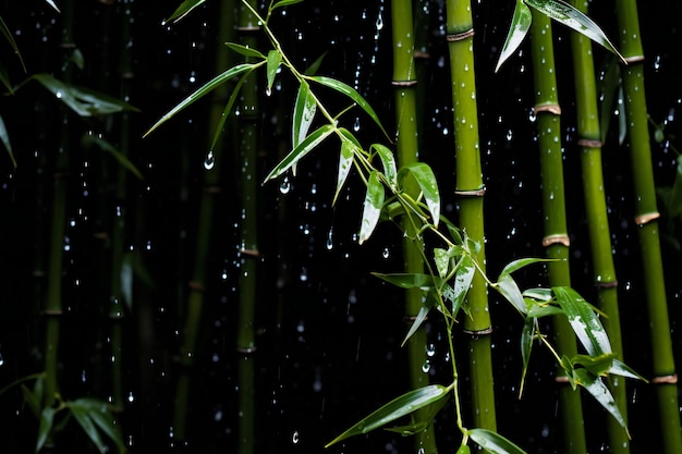 Bamboo forest with raindrops on black background Shallow DOF