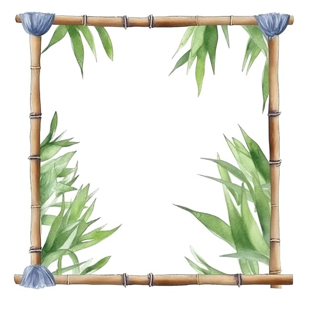 Photo bamboo frame with a green leaf. watercolor hand drawn illustration.