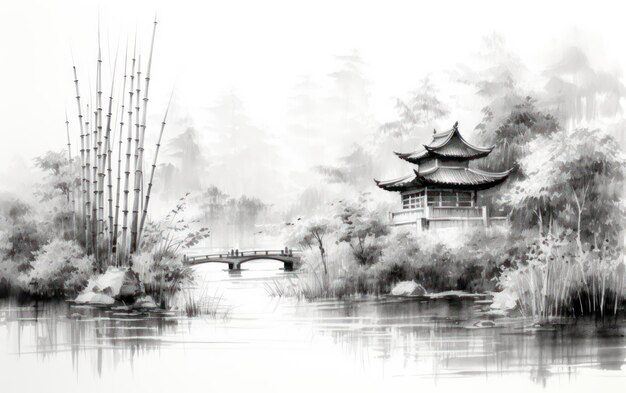 写真 塔を囲む竹庭中国画イラスト