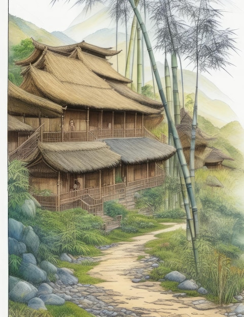 Bamboo house in the forest hand drawn illustration watercolor painting