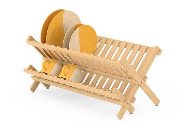 Bamboo Kitchen Dish Drying Rack with Plates and Mugs on a white background. 3d Rendering