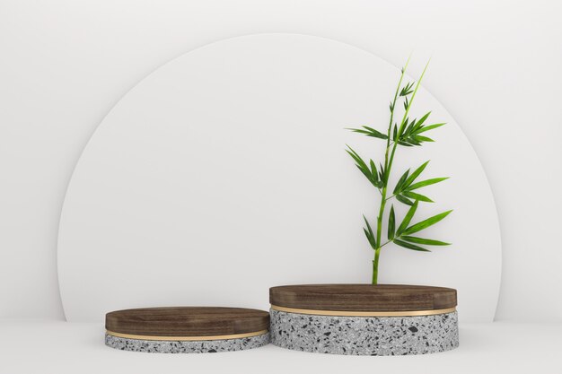 Bamboo leaf decoration and white granite podium on white background