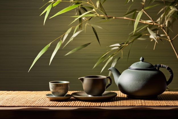 bamboo leaves on table with kitchenware