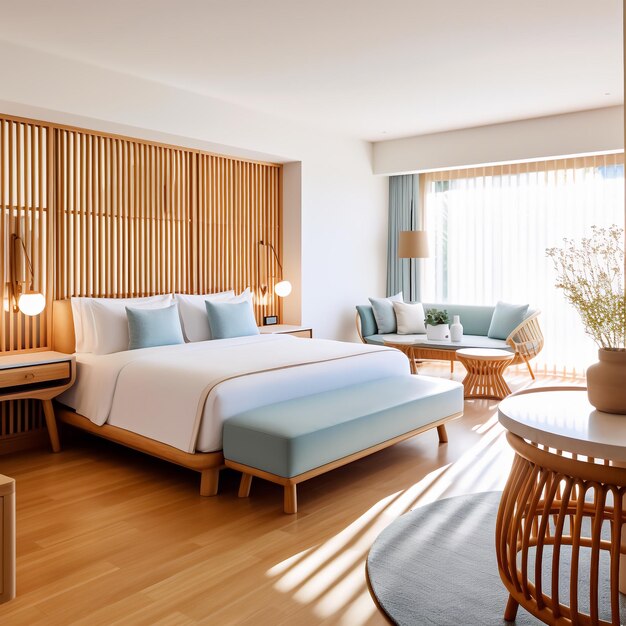 Bamboo and light blue color bedroom design