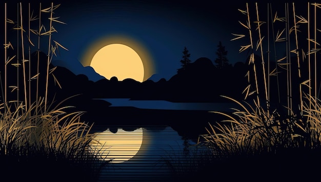 bamboo line silhouettes on the pond at nighttime flat illustration in the style of dark skyblue