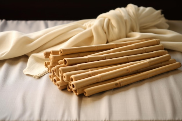Foto bastoncini massaggianti in bambù su un drappo di lino naturale