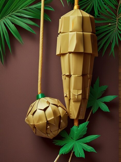 a bamboo plant hanging from a rope with a bamboo plant on it