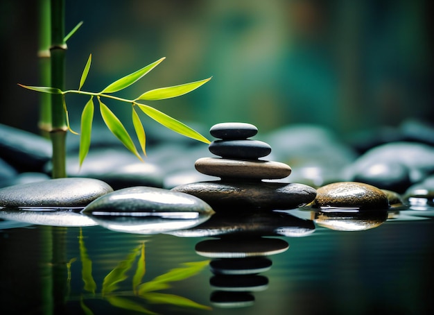 A bamboo plant and stones in water next to a bamboo stand