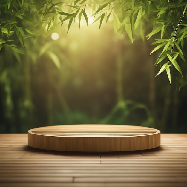 Bamboo product display podium for natural product empty scene with bamboo branch