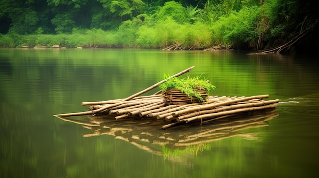 竹いかだを背景に川に浮かぶ竹いかだ。